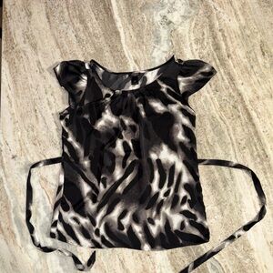 Ann Taylor Sheer Animal Print Blouse Tie Waist Flutter Sleeve Black Gray Size S